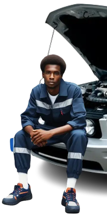 Icirus ghana ltd technician sitting in front of car with hood open