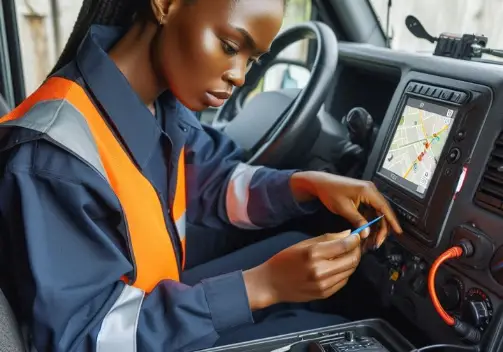 Lady technician at icirus ghana ltd, installing gps tracking software sinotrack pro into client vehicle..