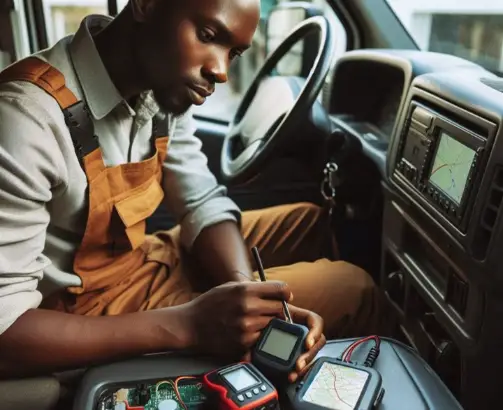 Technician at icirus ghana ltd, installing gps tracking software sinotrack pro into client vehicle..